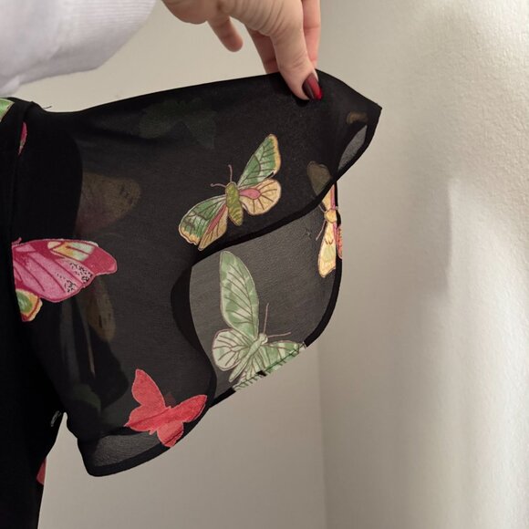 Vtg Chadwicks Butterfly Dress L All Over Print Flutter Sleeves Beaded Fairy Goth - Picture 3 of 8